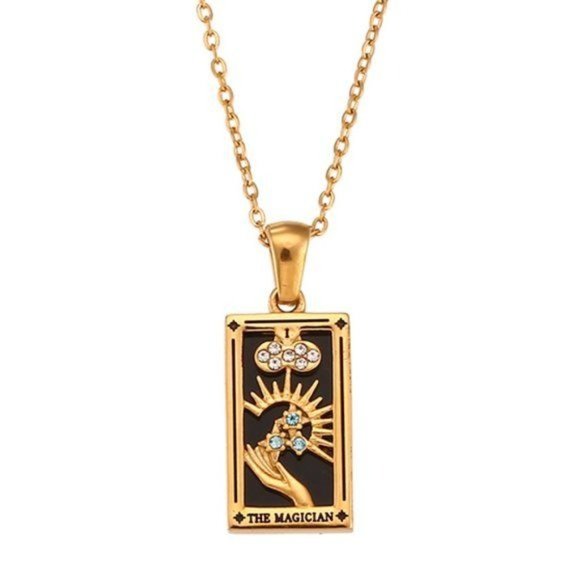 Boutique Jewelry - Magician Tarot Card Pendant Necklace 18K Gold Enamel Rectangle Stainless…